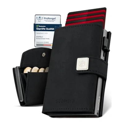 Afbeelding van SF SCOFIELD Trinity Slim Wallet met muntenvak, premium creditcardhouder voor heren, 10 12 kaarten, RFID bescherming, portefeuille mannen, Smart Wallet, Zwart Space Grey, Münzfach Max,