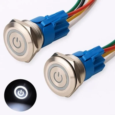 Afbeelding van Gebildet 2pcs 0.87&#039;&#039;/22mm Roestvrijstalen Vergrendelende Drukknop 12V 24V 5A Voedingssymbool LED 1NO1NC SPDT AAN/UIT Waterdichte Tuimelschakelaar met Draadstekker(Witte LED)