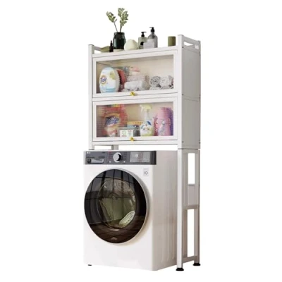 Afbeelding van Plank boven Wasmachine met Vouwdeuren Waterdicht Opbergrek Multifunctionele Organisatorplank Bespaar Ruimtemet 3 Niveaus In hoogte Verstelbare Poten
