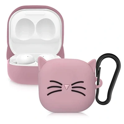 Afbeelding van kwmobile Hoes geschikt voor Samsung Galaxy Buds 2 Pro / Live Siliconen cover oordopjes in zwart poederroze Kat design