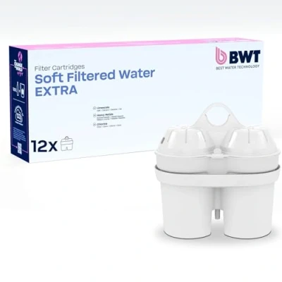 Afbeelding van BWT Filterpatroon zacht gefilterd water, 12 stuks, voor alle waterfilters, drinkwater, filtert kalk, chloor, lood en koper, middelhard jaarpakket