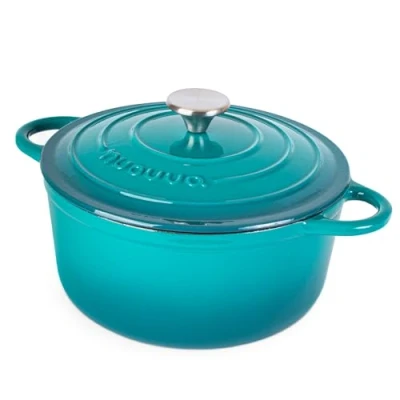Afbeelding van Gietijzeren Pot met Deksel Anti aanbaklaag, Ovenbestendig, Geëmailleerde Braadpot Robuust Kookgerei Blauwgroen 4,7L Van Nuovva