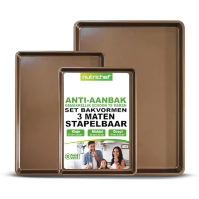 Afbeelding van NutriChef 3 delige Anti aanbak Bakplaten set Dikke van Koolstofstaal Inclusief XL, Middelgrote en Kleine Maten Veelzijdige voor Bakken Braden Vaatwasserbestendig Goud