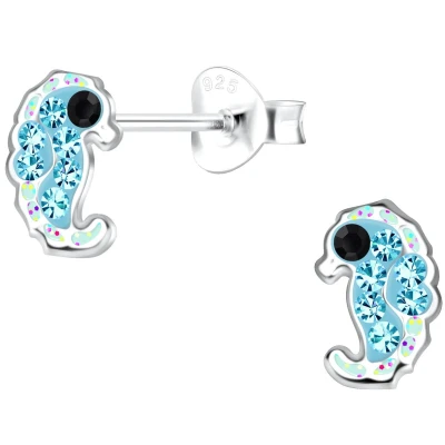 Afbeelding van JoyS Zilveren baby zeepaardje 5 x 8 mm blauw kristal glittertjes kinderoorbellen