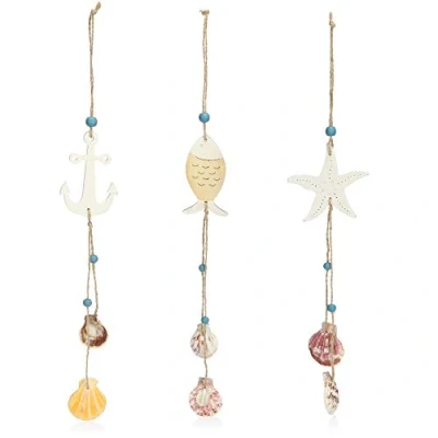 Afbeelding van COM FOUR® 3x hangende decoratie van hout met zeester, vis en anker decoratieve schelpen om op te hangen maritieme voor in huis (3 stuks 35 x 5,5 cm)