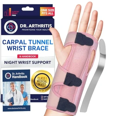 Afbeelding van Dr. Arthritis Doctor Developed Premium Carpal Tunnel Night Wrist Brace &amp; Support [Single met splint Written Handbook Volledig Verstelbaar Comfort Padding (Roze)