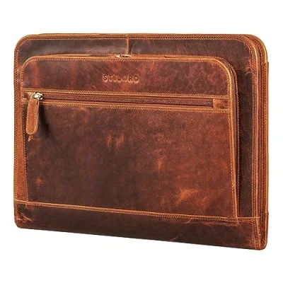 Afbeelding van STILORD &#039;Elton&#039; Conferentiemap A4 Leer Vintage Documentmap Schrijfmap Laptoptas voor 13,3 inch MacBook Business Orgnizer Presentatiemap Aktetas Lederen Map, Kleur:kara cognac
