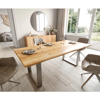 Afbeelding van Eettafel Edge eiken natuur 200x100x3 edelstaal smal Live