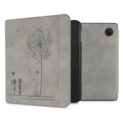 Afbeelding van kwmobile e reader hoesje compatibel met Tolino Vision 6 Kunstleren ereader cover stand Paardenbloemen Liefde in grijs