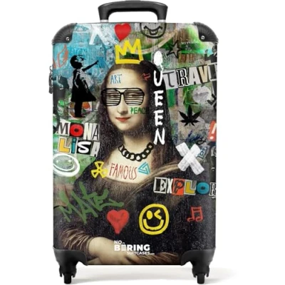 Afbeelding van NoBoringSuitcases.com® Handbagage koffer lichtgewicht Reiskoffer trolley Mona Lisa omringd door kleurrijke graffiti Rolkoffer met wieltjes Past binnen 55x40x20 en 55x35x25