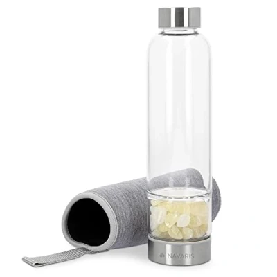 Afbeelding van Navaris glazen drinkfles met citrien 420 ml Waterfles edelstenen Inclusief sleeve van neopreen