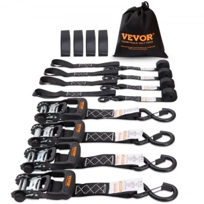 Afbeelding van VEVOR Set van 4 spanbanden, 0,04 x 2,4 m, sjorbanden, 2362 kg, polyester riem en koolstofstalen haak, bevestigingsriem, ratelspanriem, ideaal voor motorfietsen, fietsen, kajaks, UTV, boten ATV