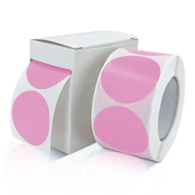 Afbeelding van Ronde stickers, 38 mm, roze, zelfklevend, rol, kleine plakpunten, etiketten, kleurcodering, cirkelstickers, verwijderbaar, weerbestendig, met dispenserdoos, 500 stuks