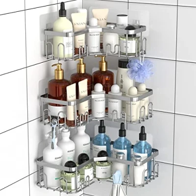 Afbeelding van Menbyci 3 Pack Hoek Douche Caddy, Plank met 18 Haken, RVS Zelfklevende Organizer Planken voor Badkamer Opslag (Zilver)