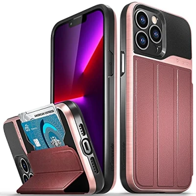 Afbeelding van VENA Portemonnee hoesje compatibel met Apple iPhone 13 Pro Max (6,7 inch), vCommute (militaire valbescherming), lederen fliphoesje, kaartsleuf en standaard, roségoud