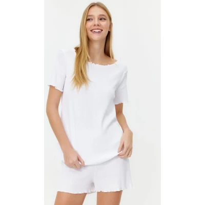 Afbeelding van Trendyol Witte Geribbelde Shorts Gebreide Pyjamaset Thmss21Pt0259