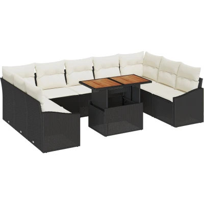 Afbeelding van vidaXL 10 delige Tuindiningset met Kussens Zwart Poly Rattan Acacia