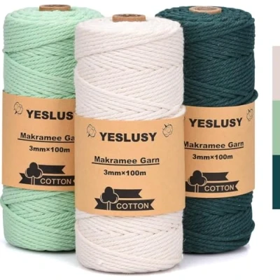 Afbeelding van YESLUSY Premium Macrame garen Natuurlijke Set Van 3, garenset Groen, 3 mm x 100 m Katoengaren, 100% Katoen Voor Doe Het zelf handwerk, Kerstmis, Weven Boho decoratie en Hangplanten