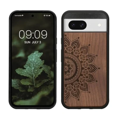 Afbeelding van kwmobile telefoonhoesje geschikt voorGoogle Pixel 8a Hoesje met bumper walnoothout In donkerbruin Opkomende Zon design