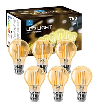 Afbeelding van Aigostar Vintage Filament Lamp LED E27, 8W Equivalent Aan Gloeilamp Van 57W, Warm Wit 2200K, 750 Lumen, Heldere A60 Decoratieve Lamp, CRI&gt;80, Niet Dimbaar, Set 6