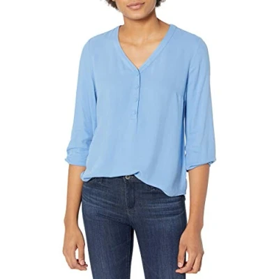 Afbeelding van Amazon Essentials Women&#039;s Popover shirt met driekwartmouwen en knoopsluiting, Frans blauw, L