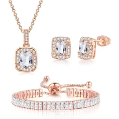 Afbeelding van FDEETY Sieradenset voor dames, kubieke zirkonia, bruid, hanger, halsketting, armband, oorbellen, prom, verloving
