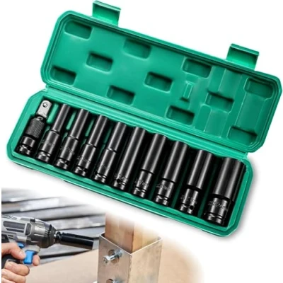 Afbeelding van 11 stuks slagmoerdoppen 1/2 inch, dopsleutelset 1/2, dopsleutelset, 10, 24 mm zeskantige bitset, inbussleutelset, lange moerset voor boren of