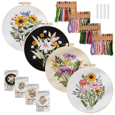Afbeelding van BYZESTY Borduurset, 4 stuks, borduurset voor beginners, volwassenen, borduursets borduurafbeeldingen, voorgedrukt, kruissteek met bloemenpatroon doe het zelf