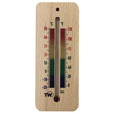 Afbeelding van 150 mm houten kamerthermometer binnen traditionele kamertemperatuurthermometer ideaal voor thuis, kantoor, kinderkamer, kas, schuur of garage muur binnenthermometer meerkleurige print
