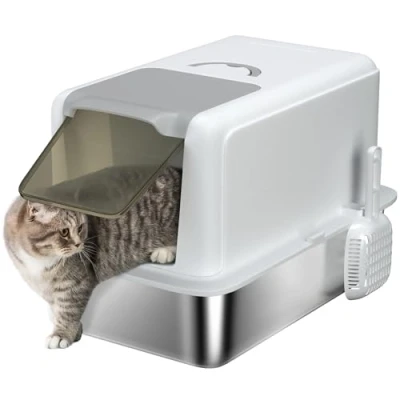 Afbeelding van PawHut Kattenbak, kattenbak met deksel, bak van roestvrij staal, ingebouwd strooifilter, inclusief strooischep, voor katten tot 6 kg, wit