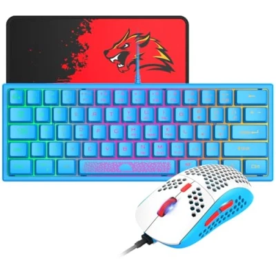 Afbeelding van LexonElec K61 60% Compact Gaming Toetsenbord En Muis PC Set Blauw Mechanisch Gevoel Mini QWERTY Layout Ergonomisch RGB Verlicht Keyboard 12000 DPI Ademend LED Ultralicht Honeycomb Mouse Voor