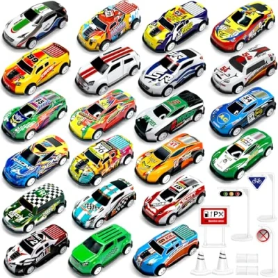Afbeelding van TOYABI Matchbox Autoset, speelgoedauto&#039;s, 22 stuks, metalen autospeelgoed met 8 wegblokkeringen, 1:64 terugtrekken, cadeau voor kinderen