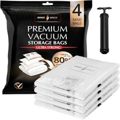 Afbeelding van GENIE SPACE Zeer Sterke Premium Ruimtebesparende Vacuum Zakken 4 x MAXI (110x90cm) Luchtdicht &amp; Herbruikbaar Creëer 80% meer ruimte voor Kleding, Handdoeken, Beddengoed, Dekbedden