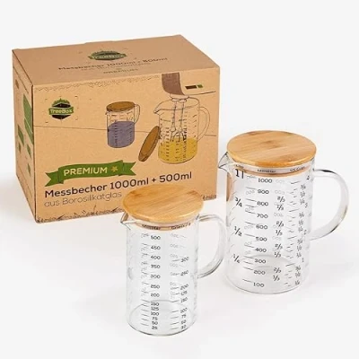 Afbeelding van TreeBox Premium set van 2 maatbekers glas met schenktuit, 1 l en 0,5 l, hittebestendig, vaatwasser magnetronbestendig, verschillende maateenheden, perfect voor bakken, koken mengen