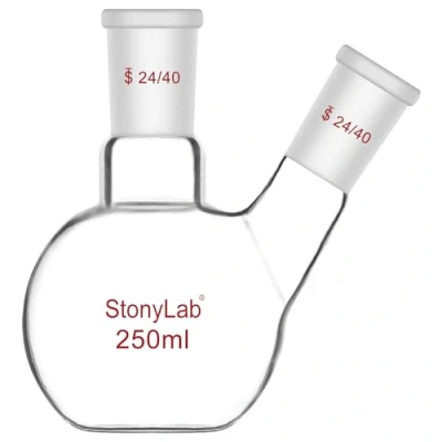 Afbeelding van stonylab Platbodemkolf FBF, Zware Muur 2 Hals Laboratoriumkolf Borosilicaatglas Platte Bodem Kokende Kolf met 24/40 Standaard Gewricht, 250 ml