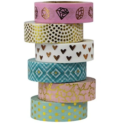 Afbeelding van UOOOM 6 Rolls Kleuren Washi Tape Set goud Foil Plakband, 10 m x 15 mm/Rol, Masking decoratieve Knutseltape Kleurrijke DIY Art Scrapbooking Planner Deco Gift (design 9042)