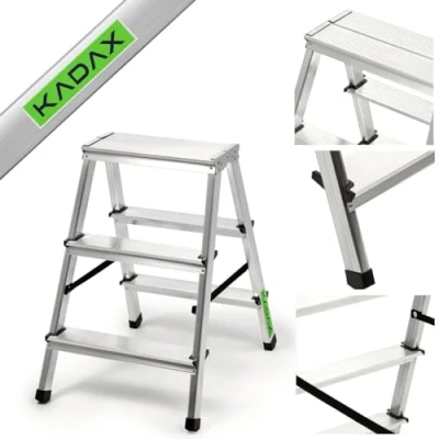 Afbeelding van KADAX trapladder van aluminium, 3 treden, vouwladder tot 125 kg, met antisliptreden, staande ladder, dubbelzijdige aluminium vouwladder, huishoudladder