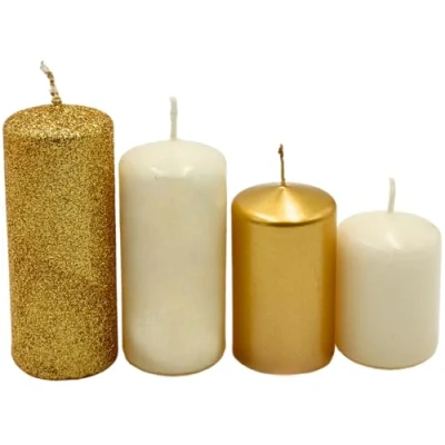 Afbeelding van Gelaagde stompkaarsen, adventskaarsen, adventskranskaarsen, in goud en ivoor, 4 maten, hoogte 5 10 cm, diameter cm elk, 280 g