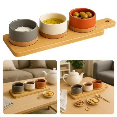 Afbeelding van Cheqo® Tapas Serveerset Serveerplank Set op Bamboe Plank Hapjes Hapjesplank Borrelplank Aardewerk Schaaltjes
