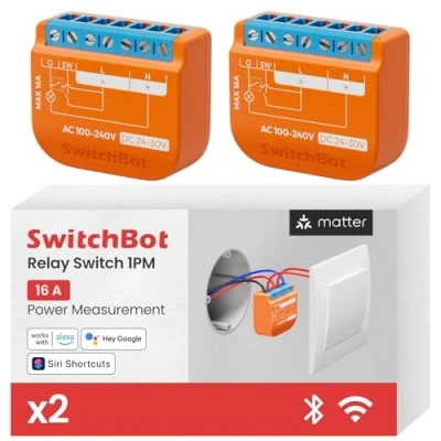 Afbeelding van SwitchBot Matter Smart Relais Schakelaar 1PM, Stroommeetmodule met ingebouwde Bluetooth Repeater, Wi Fi &amp; werkt Alexa/Apple HomeKit/Google Home, 2,4 GHz, 16A 2 Stuks