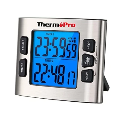 Afbeelding van ThermoPro TM02 Digitale Keukenwekker met Dual Countdown Stop Horloges Timer/Magnetische Timer Klok Verstelbare Luid Alarm en Backlight LCD Grote Cijfers/24 Uur voor Kinderen Leraren