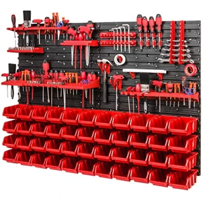 Afbeelding van PAFEN Werkplaatsrek 1152 mm x 780 wandrek met 44 stuks rode stapelboxen en gereedschapshouder schudrek wandpanelen extra sterk systeem