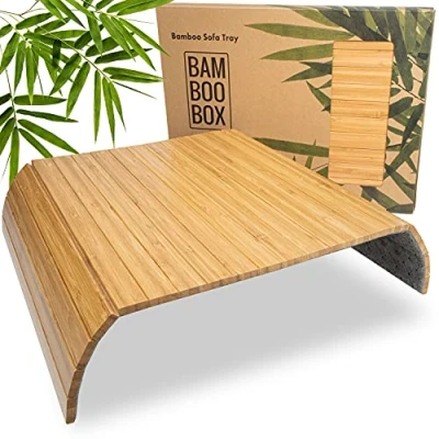 Afbeelding van BAM BOO BOX Sofatablet bank dienblad van bamboe armleuningen flexibel armleuningbeschermerbekerhouder sofa in natuurlijke kleur