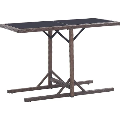 Afbeelding van Tuintafel 110x53x72 cm glas en poly rattan bruin