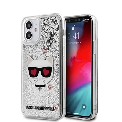 Afbeelding van Zilver hoesje van Karl Lagerfeld Backcover voor iPhone 12 Mini Liquid Glitter