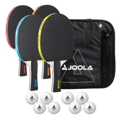 Afbeelding van JOOLA tafeltennisset neon, met 4 tafeltennisbatjes, 8 tafeltennisballen en draagtas