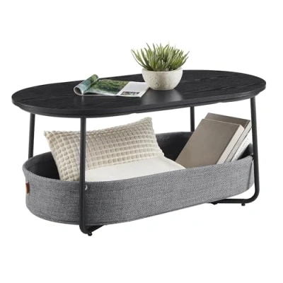 Afbeelding van VASAGLE Salontafel ovaal, tafel met opbergruimte, bijzettafel, woonkamertafel mand van stof, modern, metalen frame, inktzwart leigrijs LCT222B56