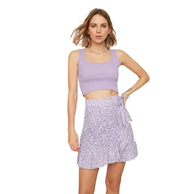 Afbeelding van Trendyol Donker Marineblauwe Mini Stretch Gebreide Minirok Met Ruches En Hoge Taille Print Twoss21Et0010
