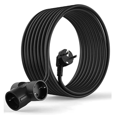 Afbeelding van MutecPower 10 meter Schuko verlengkabel met 3 voudige stopcontacten IP20 90 gebogen EU geaarde stekker en 3x koppelingen tot 250V 50Hz 16A 10m zwart