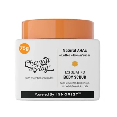 Afbeelding van Chemist at Play Exfoliating Body Scrub For Removing Tan &amp; Dead Skin Cells Rough Bumpy Skin, Tanned Pigmented Smooth, Soft Bright Natural AHAs Coffee Men Women 75g